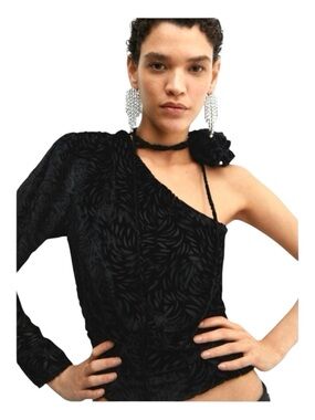MNG Black Velvet Flower One-Shoulder Top, Size 8.